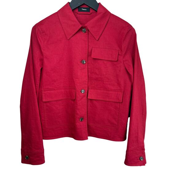 THEORY Women's Casual Linen Blend Long Sleeve Red Jacket - Picture 10 of 15